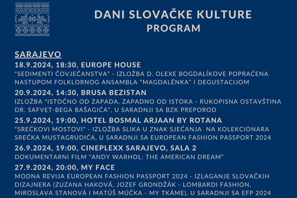 Danas počinju Dani slovačke kulture u BiH, trajat će 12 dana